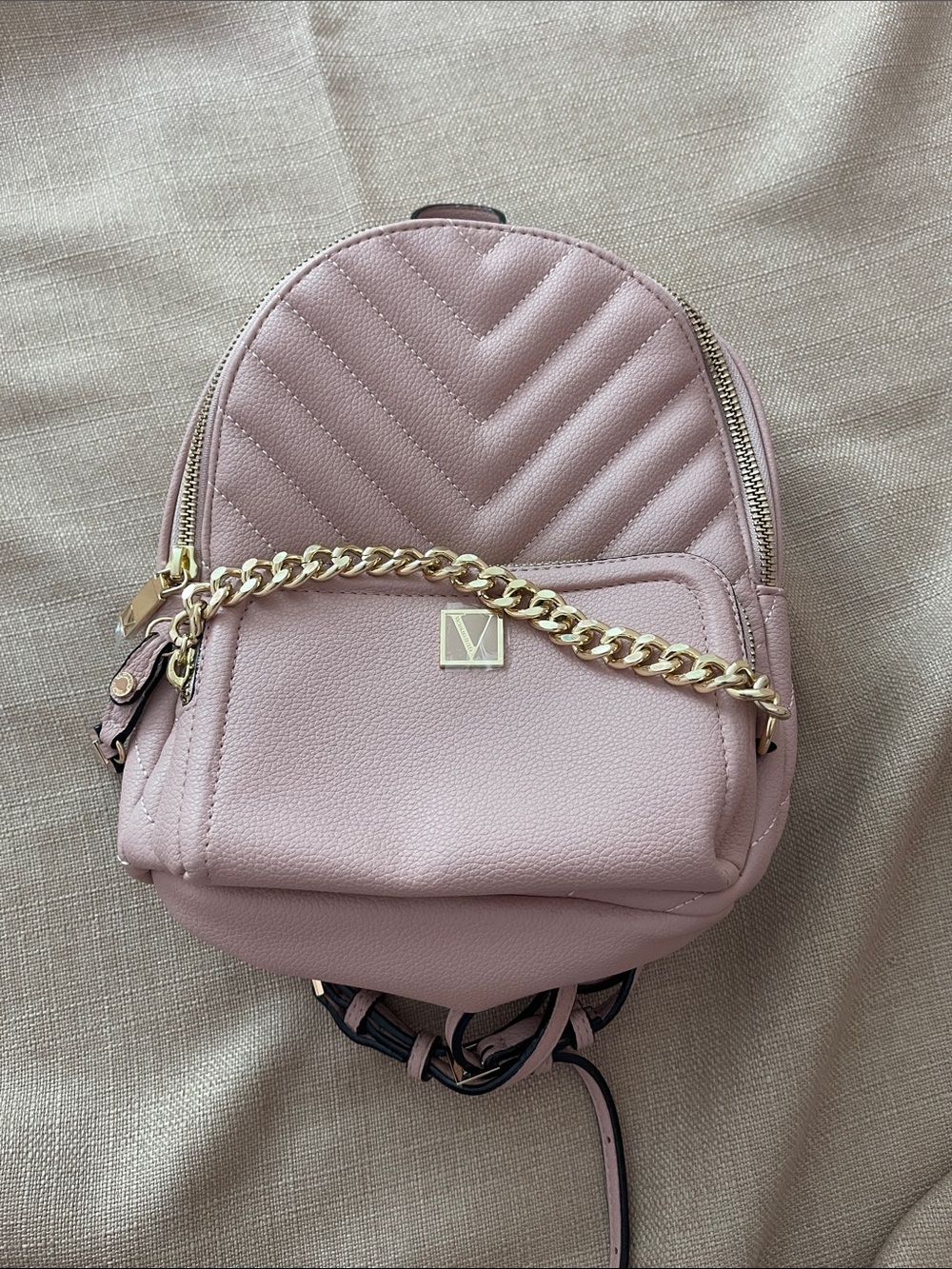 Victoria's Secret Blush Pink Mini Quilted Backpack with Gold Chain
